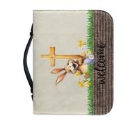 Goronwyfloyd Bible Cover Study Bible Carrying Case PU Leather Waterproof Bible Bag with Handles Durable and Sturdy, Rabbit Flower Easter Egg and Crosses, L