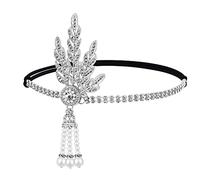Gortin 1920's Flapper Headband Leaf Rhiestones Gatsby Headpiece Pearl Tassel Headdress Head Bands Bridal Flapper Hair Accessories Head Chain for Women and Girls (Sliver)