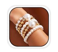 GORTIN Pearls Bracelets for Women Gold Beaded Chunky Bracelet Set Multilayered Stretch Stack Pearl Strand Bracelets Accessories