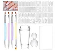 Gorvalin French Tip Tool Nail Stamp Kit with French Guide Nail Stickers and Nail Art Brush Dual Head Silicone Nail Stamper French Manicure Nail Design Tools