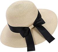 Gorwagely Women's Sun Hat Floppy Foldable Bowknot Straw Hat Summer Beach Cap UV Protection UPF50 (UK, Alpha, One Size, Beige)