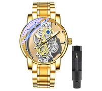 Gosasa Business Men Watch Double Sided Hollow Transparent Analog Display Stainless Steel Quartz Waterproof Creative Male Wrist Watch, Gold S, Business