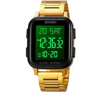 Gosasa Classic Square Face Unisex Women's Men's Digital Multifunction Outdoor Casual Watch Countdown 50M Waterproof Led Light Wristwatch, Steel - Gold Black, Digital