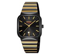 Gosasa Classic Square Watch for Men Fashion Analog Quartz Stainless Steel Band Waterproof Men’s Business Dress Wrist Watch with Calendar, Gold Black, Fashion