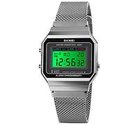 Gosasa Classic Unisex Women's Men's Digital Multifunction Sports Watch Stainless Steel Band Square Waterproof Electronic Led Watch, Mesh Silver, M
