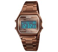 Gosasa Classic Unisex Women's Men's Digital Multifunction Stainless Steel Band Square Waterproof Watch Rose Gold (Brown)