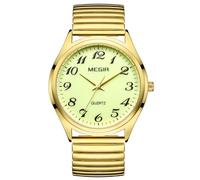 Gosasa Easy-to-Read Men’s Quartz Watch Large Numbers Luminous Elastic Strap Stainless Steel Stretch Band Waterproof Watches, Gold Green, Casual