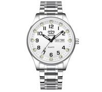 Gosasa Easy-to-Read Quartz Watch for Seniors, Large Numerals, Calendar, 30m Water Resistance, Luminous,Women's Men's Stainless Steel Wrist Watch, Luminous Silver, Men