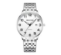 Gosasa Easy-to-Read Quartz Watch for Seniors, Large Numerals, Calendar, 30m Water Resistance, Luminous,Women's Men's Stainless Steel Wrist Watch, Luminous Silver, Women