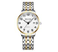 Gosasa Easy-to-Read Quartz Watch for Seniors, Large Numerals, Calendar, 30m Water Resistance, Luminous,Women's Men's Stainless Steel Wrist Watch, Luminous Two-Tone, Women