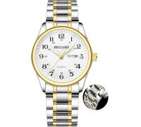 Gosasa Easy-to-Read Quartz Watch for Seniors, Large Numerals, Calendar, 30m Water Resistance, Luminous,Women's Men's Stainless Steel Wrist Watch, Two-Tone, Women, Modern