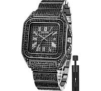 Gosasa Fashion Hip Hop Men's Crystal Watch Bling Bling Watch Rectangle Case Stainless Steel Quartz Analog Bracelet Wristwatch, C Black, fashion hip hop