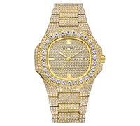 Gosasa Fashion Hip Hop Men's Crystal Watch Bling Bling Watch Rectangle Case Stainless Steel Quartz Analog Bracelet Wristwatch, U Gold, Fashion Hip Hop