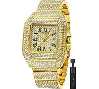 Gosasa Fashion Hip Hop Men's Crystal Watch Bling Bling Watch Rectangle Case Stainless Steel Quartz Analog Bracelet Wristwatch, B Gold, Fashion Hip Hop