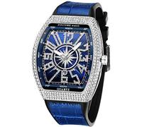 Gosasa Fashion Hip Hop Men's Crystal Watch Bling Bling Watch Rectangle Case Stainless Steel Quartz Analog Bracelet Wristwatch, V Silver Blue