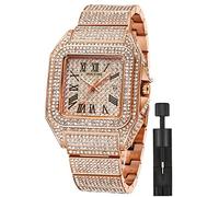 Gosasa Fashion Hip Hop Men's Crystal Watch Bling Bling Watch Rectangle Case Stainless Steel Quartz Analog Bracelet Wristwatch, D RoseGold, fashion hip hop