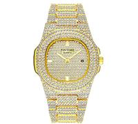 Gosasa Fashion Hip Hop Men's Crystal Watch Bling Bling Watch Rectangle Case Stainless Steel Quartz Analog Bracelet Wristwatch, T Gold, Fashion Hip Hop