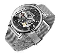 Gosasa Fashion Men's Mechanical Hand-Wind Watch Ultra Thin Hollow Skeleton Stainless Steel Bracelet Mesh Skeleton Wristwatch, Silver Black, Modern