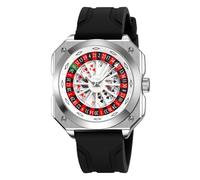 Gosasa Fashion Men's Poker Roulette Watch Creative Rotating Playing Card Dial Waterproof Casual Quartz Wrist Watch with Silicone Strap for Casino Lover, Silver Black, Fashion