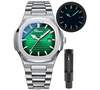 Gosasa Fashion Men's Watches Date Business Watch Stainless Steel Luxury Style Luminous Quartz Waterproof Analog Display Male Wristwatch, A Green, Fashion