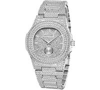 Gosasa Fashion Mens/Womens Oblong Gold/Silver Sub-dial Wrist Watch Hip Hop Womens Bracelet Watch Ice Out Cuban Unisex Watch Full Diamonds, Silver,