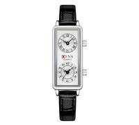 Gosasa Fashionable Women's Quartz Watch, Rectangular Dial with Dual Time Zones, 30m Water Resistant, Black Leather Silver, Modern