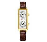 Gosasa Fashionable Women's Quartz Watch, Rectangular Dial with Dual Time Zones, 30m Water Resistant, Brown leather Gold, Modern