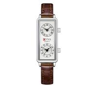 Gosasa Fashionable Women's Quartz Watch, Rectangular Dial with Dual Time Zones, 30m Water Resistant, Brown leather Silver, Modern