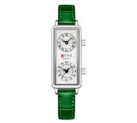 Gosasa Fashionable Women's Quartz Watch, Rectangular Dial with Dual Time Zones, 30m Water Resistant, Green Leather Silver, Modern
