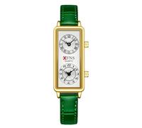 Gosasa Fashionable Women's Quartz Watch, Rectangular Dial with Dual Time Zones, 30m Water Resistant, Green Leather Gold, Modern