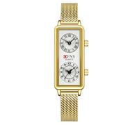 Gosasa Fashionable Women's Quartz Watch, Rectangular Dial with Dual Time Zones, 30m Water Resistant, Mesh Gold, Modern
