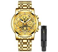 Gosasa Luxury Hollowed Men's Watches Diamonds Chronography High Grade Fashion Watch for Men Stainless Steel Calendar Luminous Quartz Waterproof Business Male Wristwatch, Gold, Luxury
