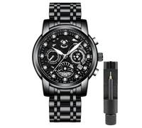 Gosasa Luxury Hollowed Men's Watches Diamonds Chronography High Grade Fashion Watch for Men Stainless Steel Calendar Luminous Quartz Waterproof Business Male Wristwatch, Black Black, Luxury
