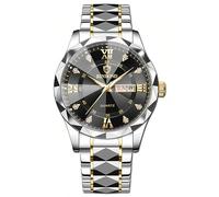 Gosasa Luxury Men's and Women's Business Diamond Stainless Steel Waterproof Roman Numeral Analog Quartz Watch with Day-Date Calendar, Gold and Silver Tone, M-gold Black, Women