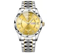 Gosasa Luxury Men's and Women's Business Diamond Stainless Steel Waterproof Roman Numeral Analog Quartz Watch with Day-Date Calendar, Gold and Silver Tone, M-gold Gold, Men