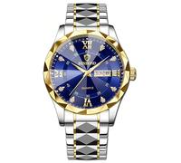 Gosasa Luxury Men's and Women's Business Diamond Stainless Steel Waterproof Roman Numeral Analog Quartz Watch with Day-Date Calendar, Gold and Silver Tone, M-gold Blue Gold Hoop, Men