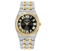 Gosasa Luxury Men's Diamond Watch Octagonal Roman Numerals Dial Bling Hip Hop Quartz Watch for Men Gold Silver Bracelet with Butterfly Clasp, Black/Two Tone, Luxurious
