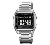 Gosasa Luxury Men's Digital Watch Retro Stainless Steel Square Dial Timepiece with LED Backlight, Chrono, Alarm, Dual Time, Waterproof 30M Elegant Metal Strap Gift Watch, Silver Black