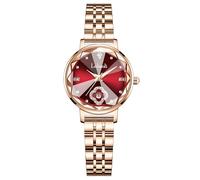 Gosasa Luxury Women's Watch Diamond Elegant Dress Wrist Watch Stainless Steel Two Tone Waterproof Women’s Watch Bling Four-Leaf Clover Flower Dial Watch for Women, Wine Red, Casual