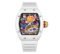 Gosasa Men’s Fashion Colorful Smiley Face Watch - Trendy Creative Big Face Tonneau Men Wristwatch with Silicone Strap, Unique Cool Luminous Design Gift Watch, White, Unique