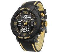 Gosasa Men’s Outdoor Sports Watch, Analog Digital Watch for Men with LED Backlight, Stopwatch, Alarm, Calendar, 12/24H Time, 50M Water Resistant Large Face Silicone Wrist Watch, Black Gold