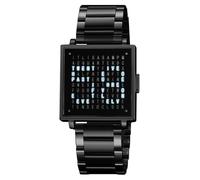 Gosasa Men’s Square Word-Matrix LED Watch Read Time in Words 30 m Waterproof Big Face Multifunctional Date Wristwatch Vintage Luxury Business Dress Timepiece Stainless Steel or Gold/Silver Toned
