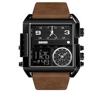 Gosasa Men Square Large Face Digital Sports Watch,LED Analog Quartz Wrist Watch with Multi-Time Zone 50M Waterproof Stopwatch, Black Coffee Belt, big, Digital