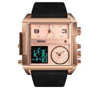 Gosasa Men Square Large Face Digital Sports Watch,LED Analog Quartz Wrist Watch with Multi-Time Zone 50M Waterproof Stopwatch, Rose Gold Black, big