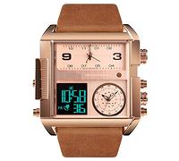Gosasa Men Square Large Face Digital Sports Watch,LED Analog Quartz Wrist Watch with Multi-Time Zone 50M Waterproof Stopwatch, Rose Gold Brown, Digital