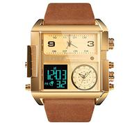 Gosasa Men Square Large Face Digital Sports Watch,LED Analog Quartz Wrist Watch with Multi-Time Zone 50M Waterproof Stopwatch, Gold Brown, big, Digital