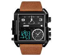 Gosasa Men Square Large Face Digital Sports Watch,LED Analog Quartz Wrist Watch with Multi-Time Zone 50M Waterproof Stopwatch, Black Brown Belt, big, Digital