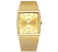 Gosasa Mens Classic Analog Quartz Date Stainless Steel Milanese Mesh Strap Ultra-Thin Luminous Rectangle Dial Watch, Gold, Business
