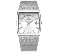 Gosasa Mens Classic Analog Quartz Date Stainless Steel Milanese Mesh Strap Ultra-Thin Luminous Rectangle Dial Watch, Silver, Quartz Movement