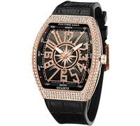 Gosasa Men's Fashion Cool Unique Tonneau Watch Bling Crystal Rhinestone Quartz Wristwatches with Rubber Strap, Black Rose Gold, fashion, leisure, business, hip-hop